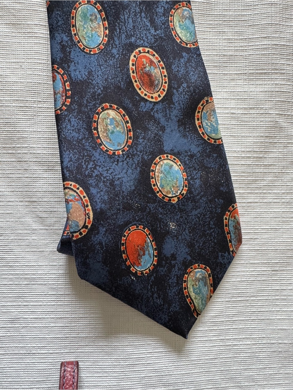 4/25 Frame Denim Navy Tie with Orange and Light Blue Medallion Accents